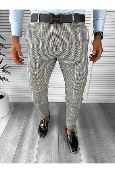 dehaine Men's casual pants, plaid, slim fit, gray, 2019