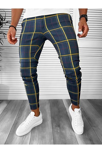 dehaine Men's casual pants, plaid, slim fit, navy blue, B7841