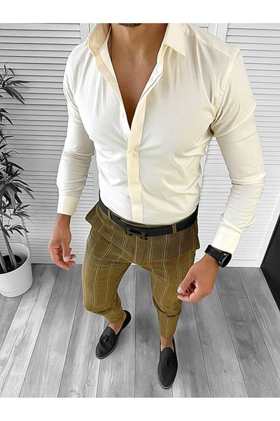 dehaine Men's casual pants, striped, slim fit, brown, B1858