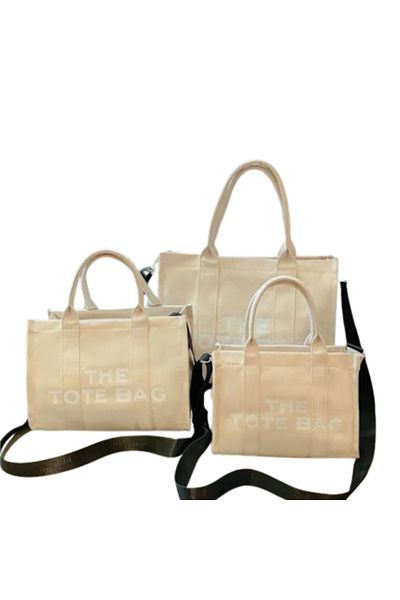 Blusmart Set of 3 Women's Canvas Bags, Shopper Type, S,m, L, With The Tote Bag Logo Print, Beige