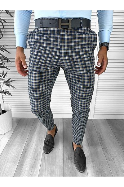 dehaine Men's casual pants, plaid, slim fit, Navy blue, B1739