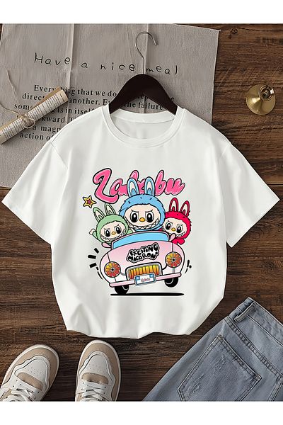 Let's Wear Μπλουζάκι με στάμπα αυτοκινήτου Labubu με γιακά ποδηλάτου για κορίτσια