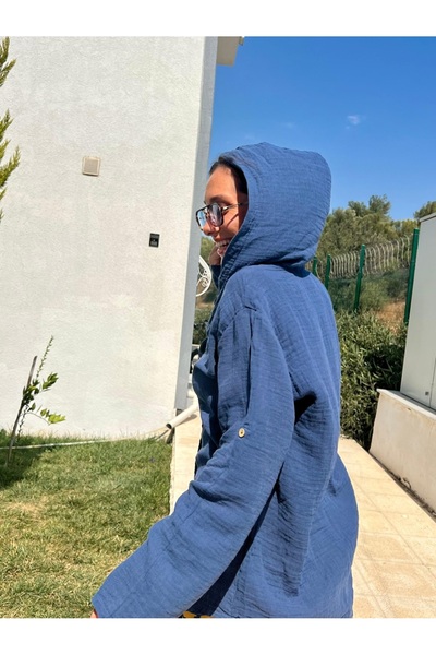 Dresslabtr 100% țesătură muselină cu glugă Cămașă albastră cu mâneci lungi și nasturi