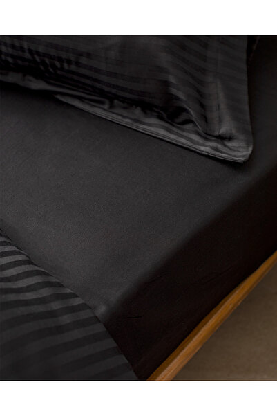 Madame Coco Elicia Çift Kişilik %100 Pamuk Çizgili Saten Nevresim Takımı - Siyah