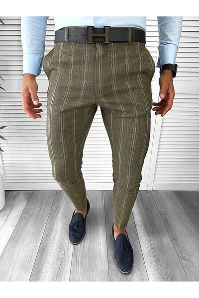 dehaine Men's casual pants, striped, slim fit, Brown, B1630
