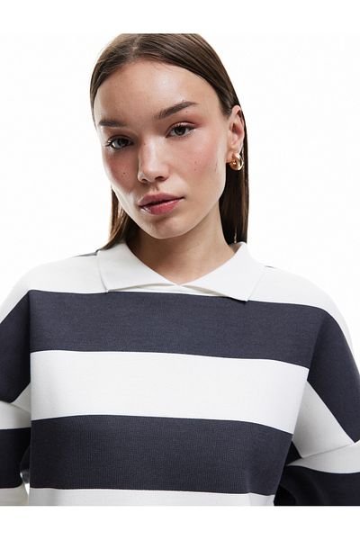 Koton Striped Oversize Hooded Polo Neck Sweatshirt
