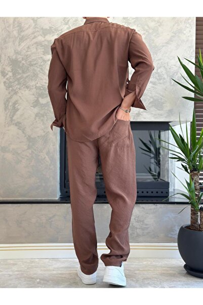 ECARTS Men's Relaxed Fit Draped Fabric Bottom Top Set Brown Eca018