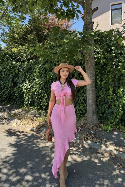 MOZENA Front Tie Crop Asymmetrical Slit Skirt Suit