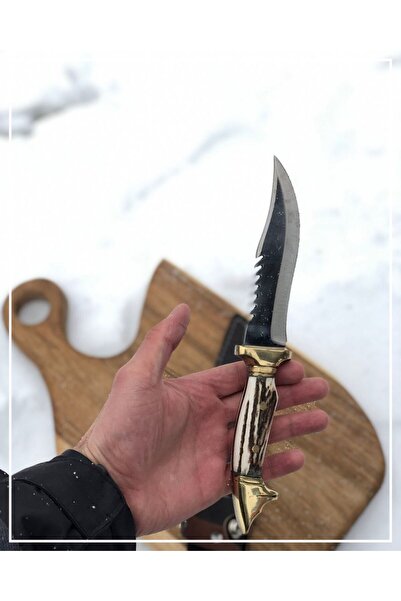 Artabel Doğal Kılıf Hedeli Kurtbaşlı Geyik Boynuzu Saplı Av ve Kamp Bıçağı