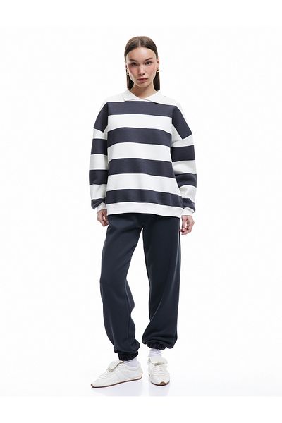 Koton Striped Oversize Hooded Polo Neck Sweatshirt