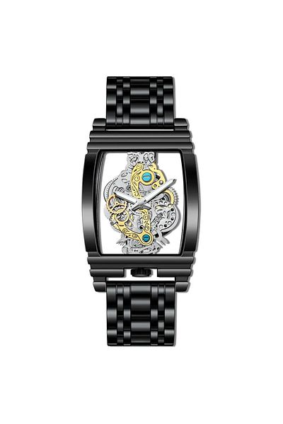 MBrands Luxury men's watch MBrands quartz, stainless steel bracelet, transparent back, rectangle Black