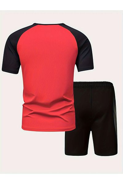 LUNAVISTA Boys 2-piece outfit, boys' short sleeve round neck henley shirt and simple Printed shorts