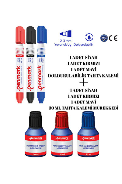 shopNOA PENMARK SİYAH-KIRMIZI-MAVİ DOLDURULABİLİR TAHTA KALEMİ VE 30 ML MÜREK...