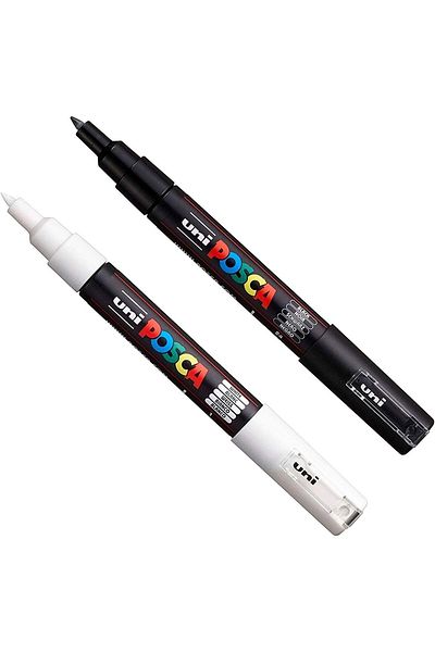 Uni Posca Pc-1M 0.7mm Marker Acrylic Painting Pen Set of 2 Black and White