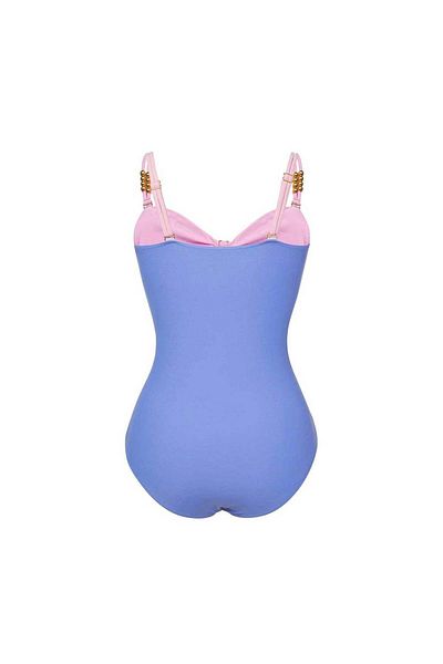 Eros Zone Premium Color Block One Piece Swimsuit, Front Cutouts, Removable Straps, Gold Accessories, Xl, Pink-Purple