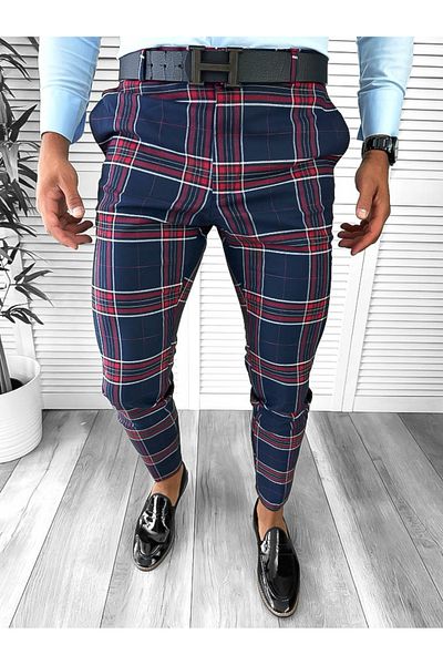 dehaine Men's casual pants, plaid, slim fit, Navy blue, B1546