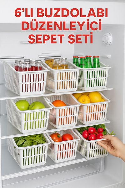 ÇELİKONLİNE Set of 6 Refrigerator Organizer Baskets – Multi-Purpose, Foldable, Durable, White Plastic Organizer