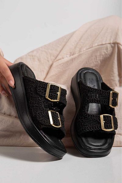 Lolo Life Women's Straw Detailed Double Buckle Slippers Poly Sole -0302