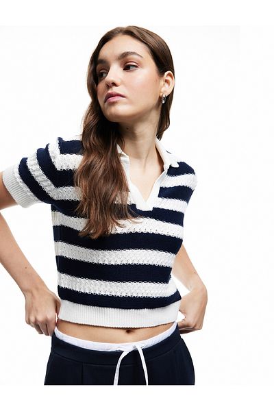 Koton Short Sleeve Striped Knitwear Polo Neck Sweater