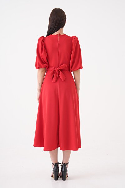 lovebox Women's Crepe Fabric Double Breasted Collar Stone Belt Detailed Balloon Sleeve Red Midi Dress 3602