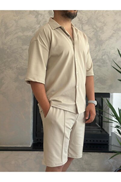 ECARTS Men's Relaxed Fit Cotton Fabric Bottom Top Set Beige Eca019