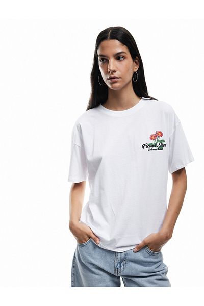 Koton Cotton Short Sleeve Crew Neck Back Floral Print T-Shirt