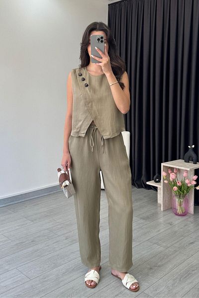 ECEMİ Eva Khaki Shiny Fabric Stone Detailed Suit
