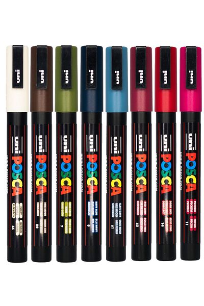 Uni Posca Pc-3M 0.9-1.3mm Marker Acrylic Painting Pen Set of 8 Dark Colors