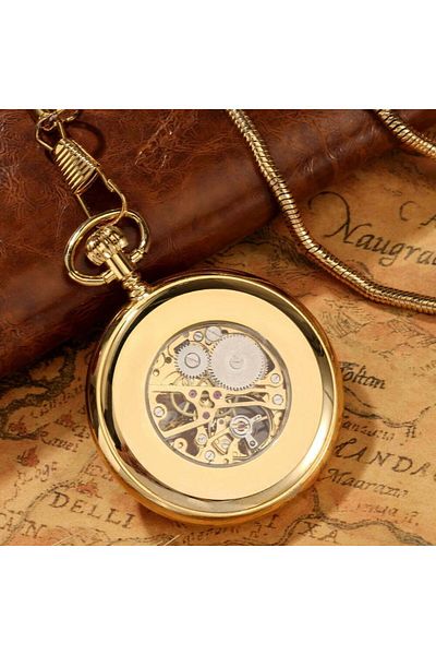 MBrands Skeleton pocket watch with chain, gold