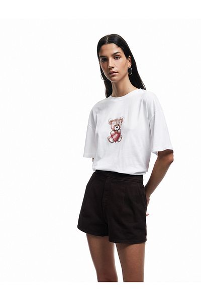 Koton Short Sleeve Crew Neck Cotton Teddy Bear Printed Oversize T-Shirt