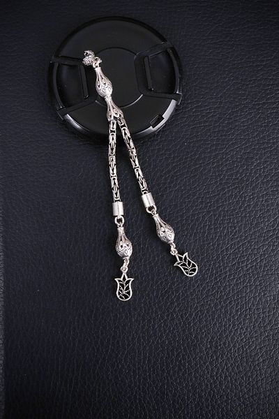 ENCİLİ SİLVER 925 Sterling Silver Double Dangle King Chain Tulip End Rosary Tassel