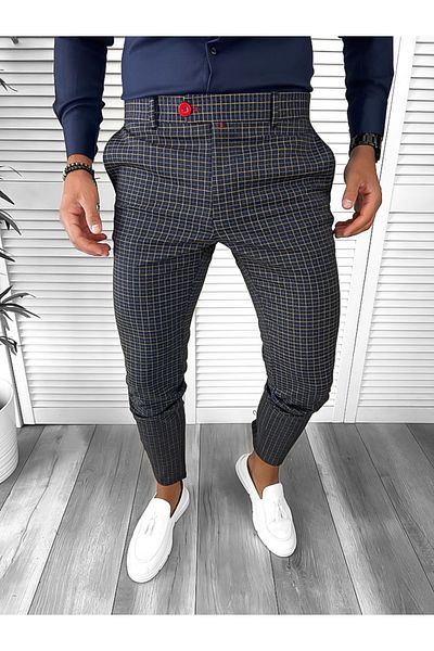 dehaine Men's casual pants, plaid, slim fit, navy blue, B9084