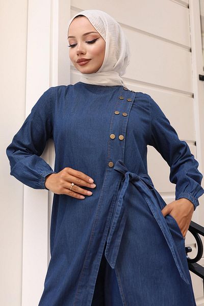 Modamihram Snap Detailed Denim Suit Dark Blue 19262