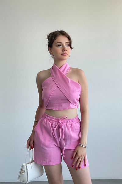 MOZENA Muslin Fabric Cross Tied Crop Shorts Double Set