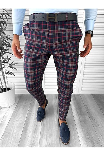 dehaine Men's casual pants, plaid, slim fit, Navy blue, B1822