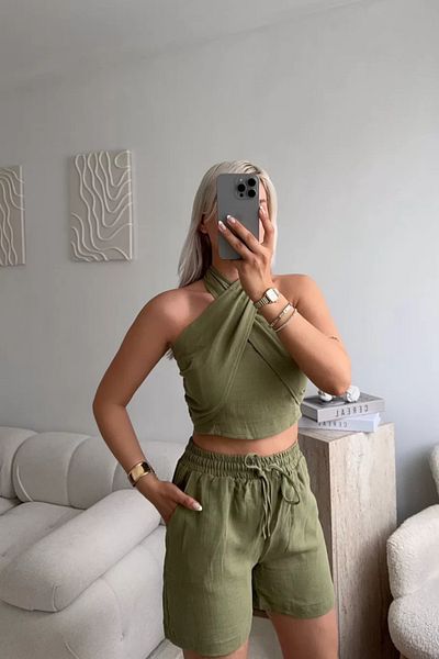 MOZENA Cross Tie Detailed Crop and Shorts Double Muslin Set