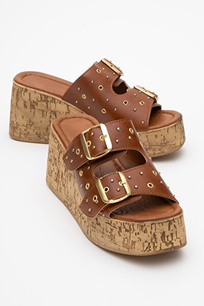 Lizy Shoes Papuci de damă cu platformă și cataramă dublă, maro