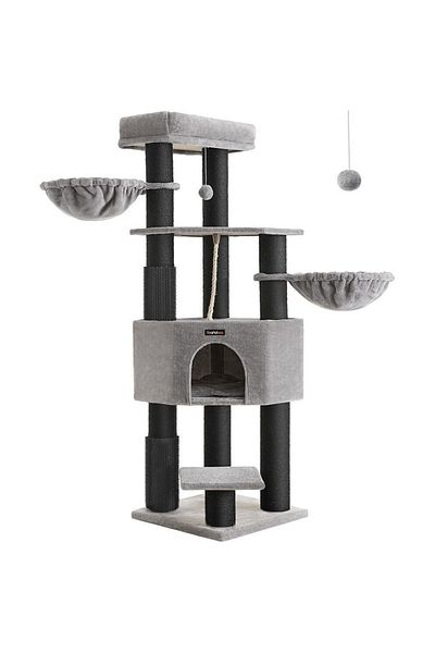 feandrea Cat Play Set, With 9 Sisal Posts, Large Platforms And House, 50x50x160 Cm, Gray