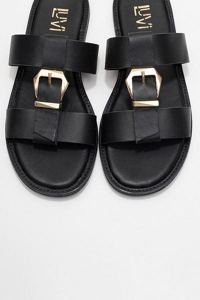 LuviShoes Sveta Black Skin Buckle Genuine Leather Women's Slippers