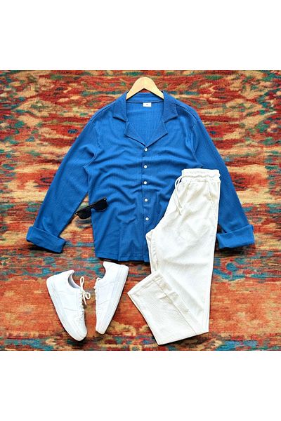 tiggirmoda Bürümcük Crinkle Fabric Summer Lycra Men's Shirt Pants Set