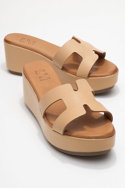 LuviShoes Lia Dark Beige Skin Genuine Leather Women's Wedge Heeled Slippers
