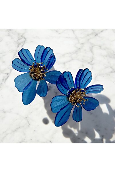 ALS Tasarım Dünyası Kadın Mavi Renk Akrilik Model Ortası Altın Kaplama Tomurcuk Model Çiçek Küpe En:5 Boy:5 cm