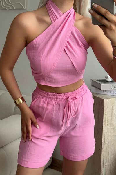 MOZENA Cross Tie Detailed Crop and Shorts Double Muslin Set