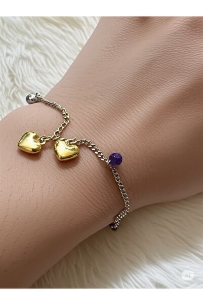 FAMEMUS ACCESSORY Women's Bracelet with Chain Detail, Heart and Stone Figure