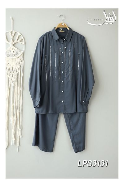 LINELLE Co-Ord Set – Solid Blue Grey Shirt and Pant with Sequin Work in Cotton-Polyester Blend.