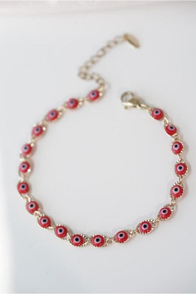 AŞIK ACCESSORIES Stainless Steel Red Evil Eye Bead Bracelet