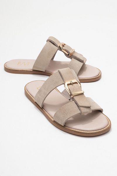 LuviShoes Γυναικείες παντόφλες SVETA Beige Suede Buckle από γνήσιο δέρμα