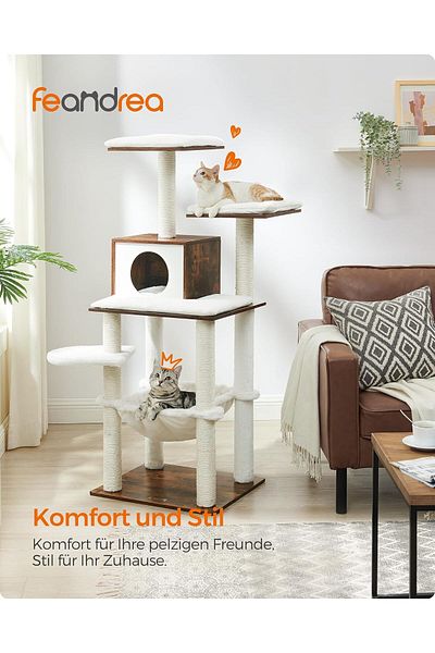 feandrea Cat Play Set, Tree Type, With Hideout And Hammock, 55x45x138 Cm, White And Brown