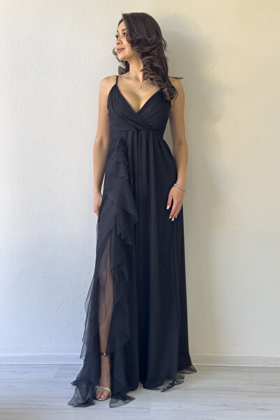 thezkscom Kadın Siyah Askılı Volanlı Yırtmaç Detaylı Uzun Tül Abiye Elbise