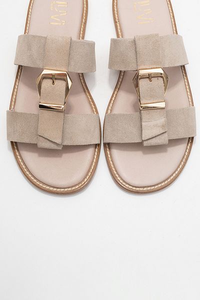 LuviShoes Γυναικείες παντόφλες SVETA Beige Suede Buckle από γνήσιο δέρμα